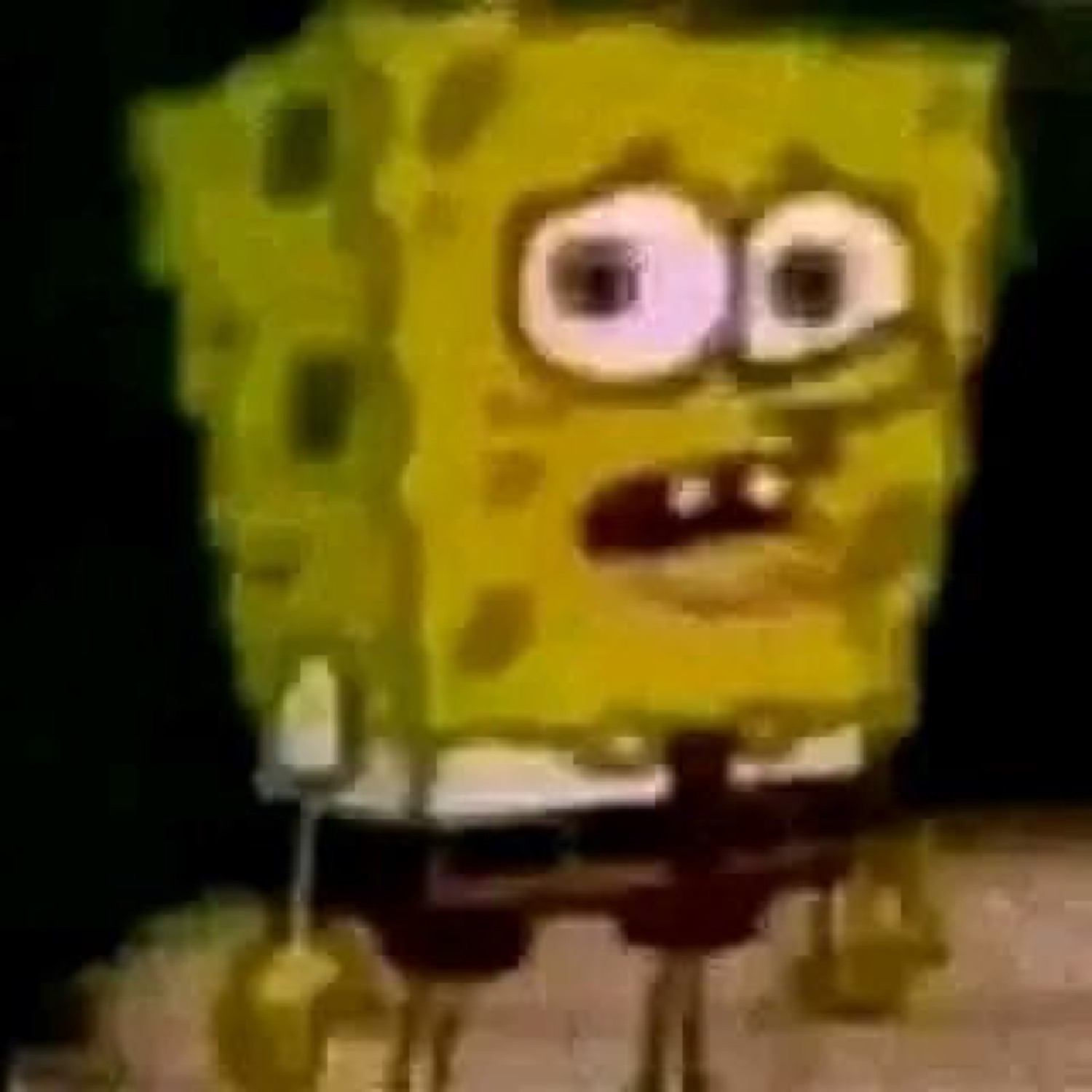 Blurry SpongeBob with a pink and white eye and a weird, startled mouth