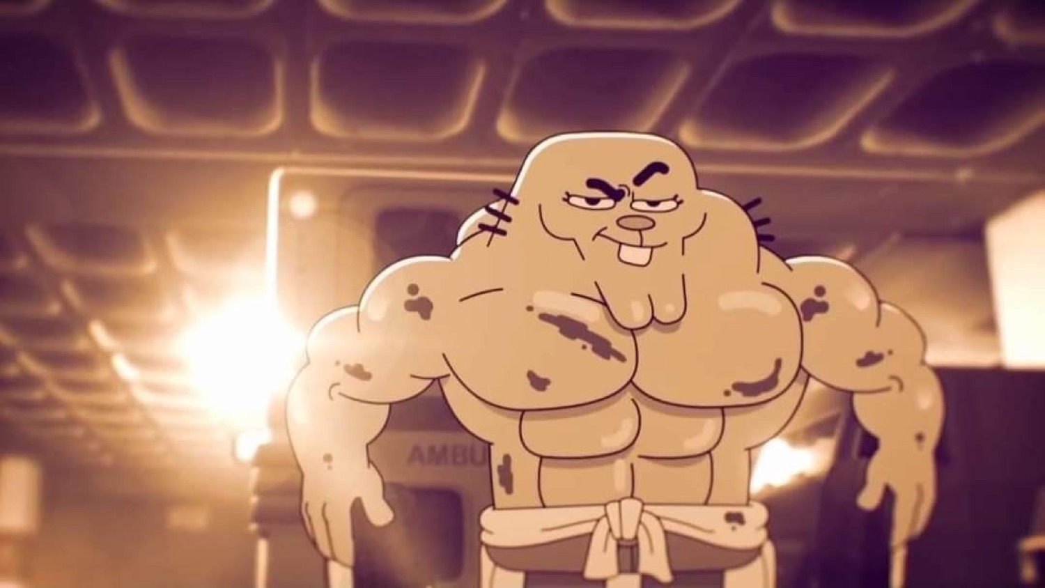 Absurdly buff cartoon man flexing in a dim gym