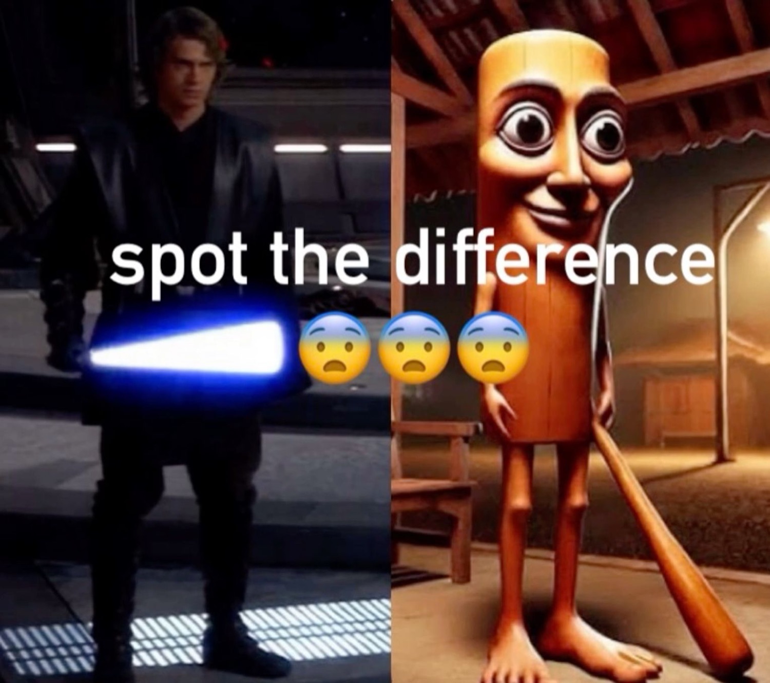 Anakin with his lightsaber next to a goofy wooden AI figure under 'spot the difference 😨😨😨'