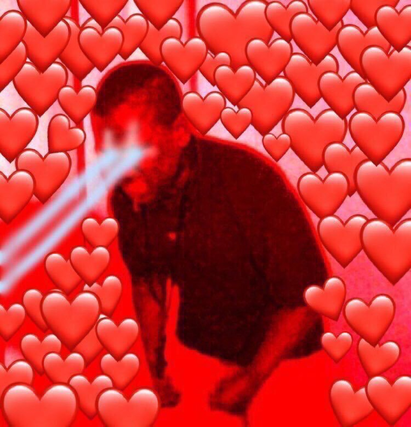 Red-tinted photo of a man crouching, edited over with a wall of heart emojis and laser eyes
