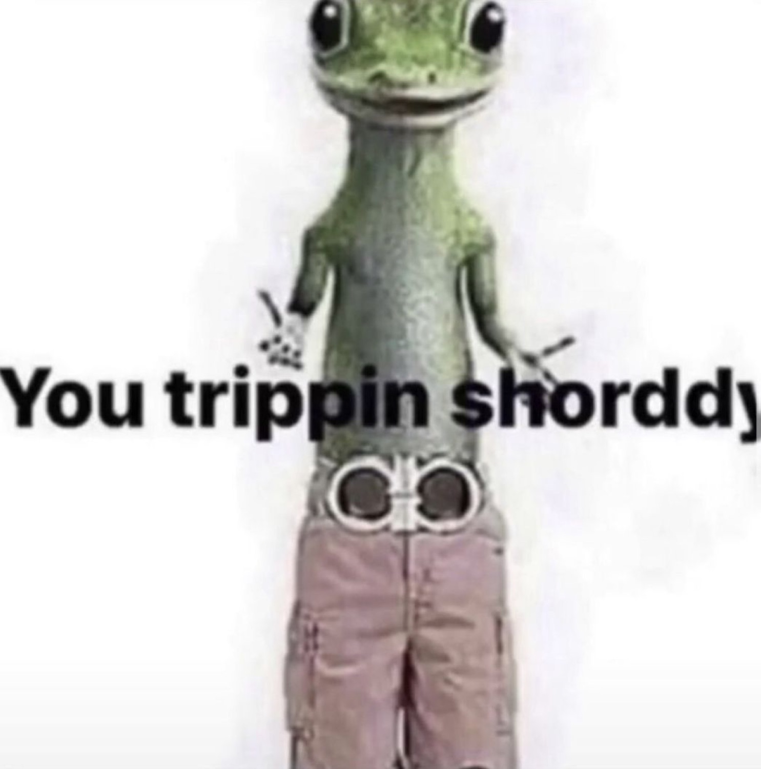 The gecko in low-slung cargo shorts flashing a peace sign, captioned 'You trippin shorddy'
