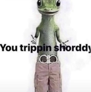 The gecko in low-slung cargo shorts flashing a peace sign, captioned 'You trippin shorddy'