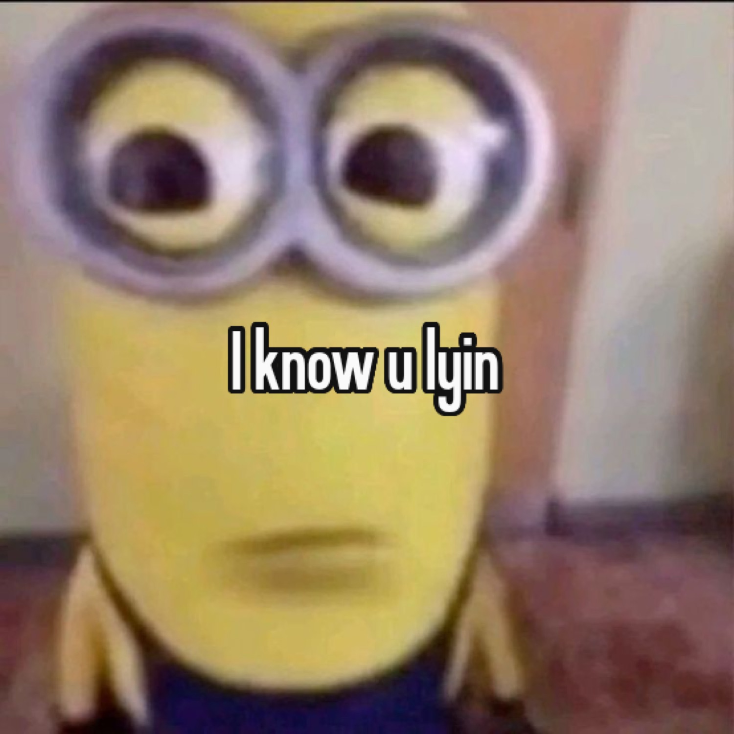 Minion giving a flat suspicious side glance captioned 'I know u lyin'