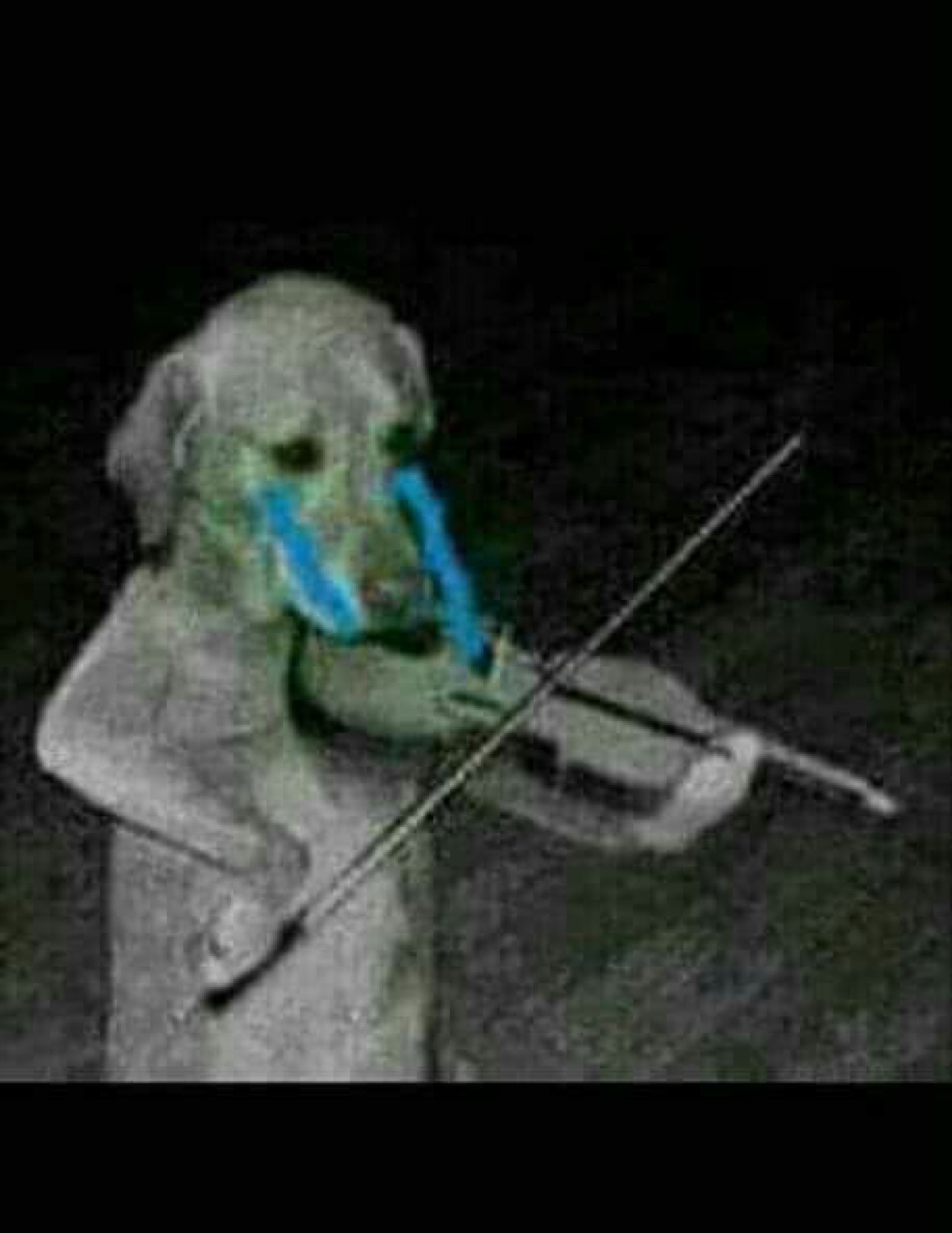 Eerie night photo of a dog playing a violin with painted blue tears streaming down