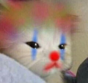 White kitten with a clown filter - red nose, blue tears, sad frown - looking utterly defeated