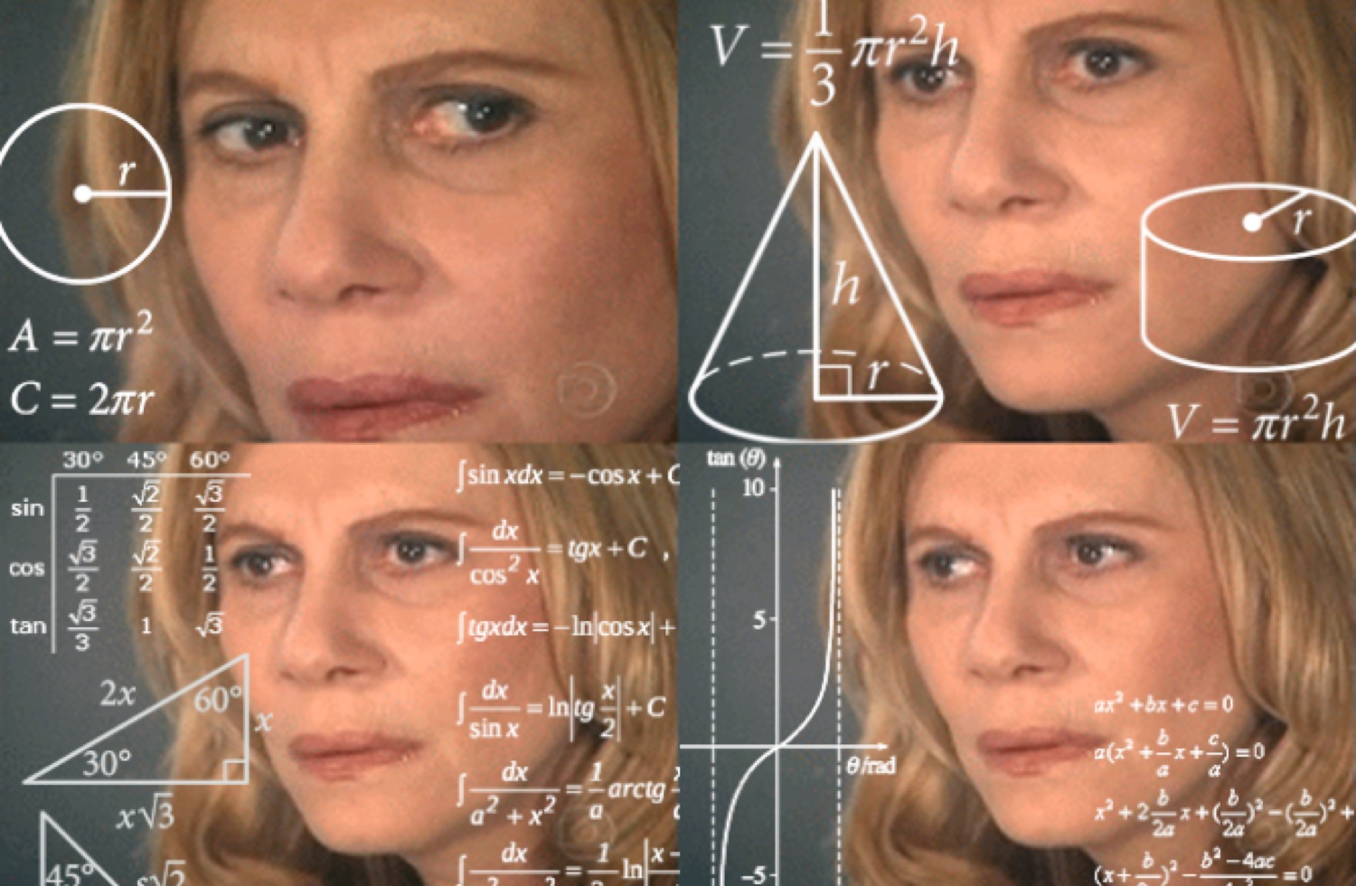 Confused-woman math-lady meme, blonde woman squinting amid floating equations
