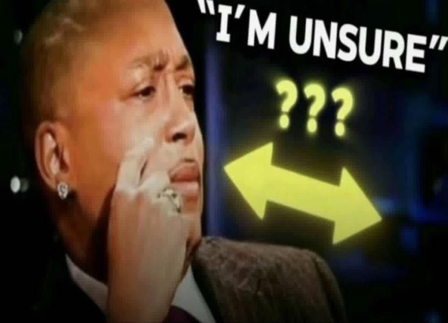 Person with furrowed brow pressing their lip, surrounded by '"I'M UNSURE"' text and yellow question mark arrows