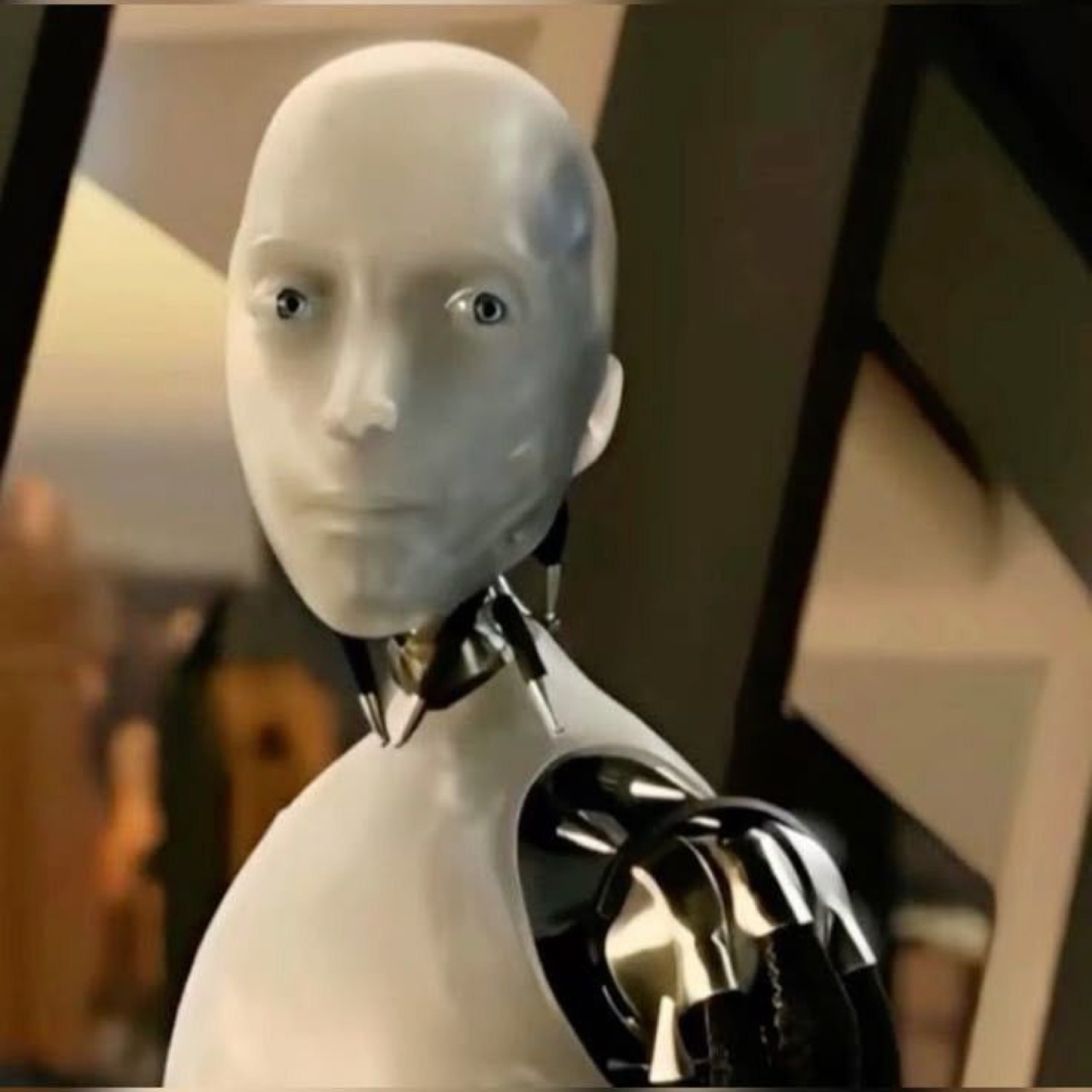 Smooth white humanoid robot staring blankly ahead with an eerily calm, expressionless face