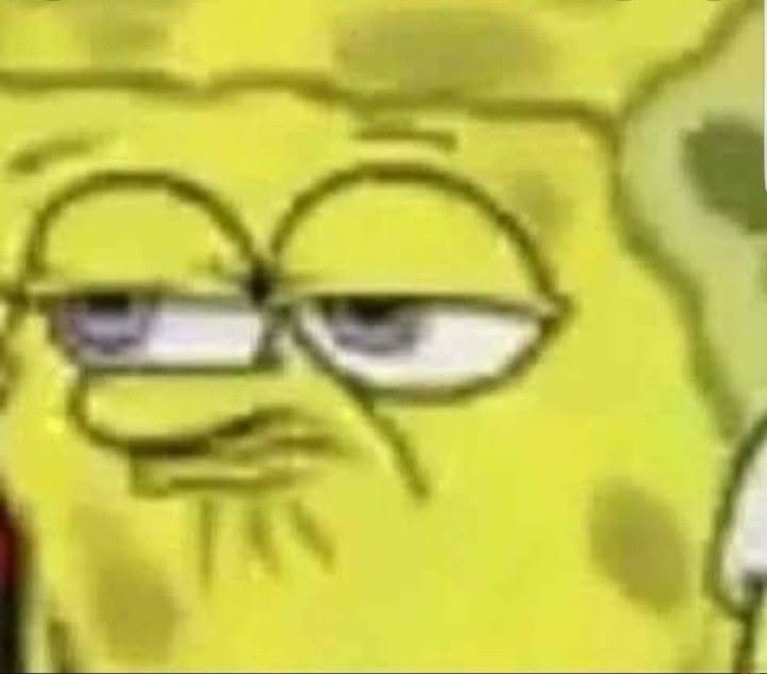 SpongeBob with heavy-lidded eyes giving the most exhausted, judging side-eye possible