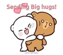 Two cartoon bears in a squeezing hug, "Sending big hugs!"