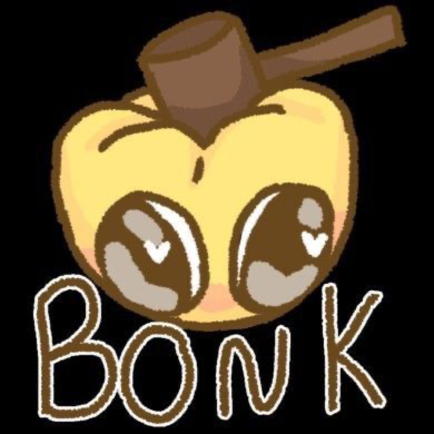 Cute round cartoon with heart eyes getting hit by a mallet: 'BONK'