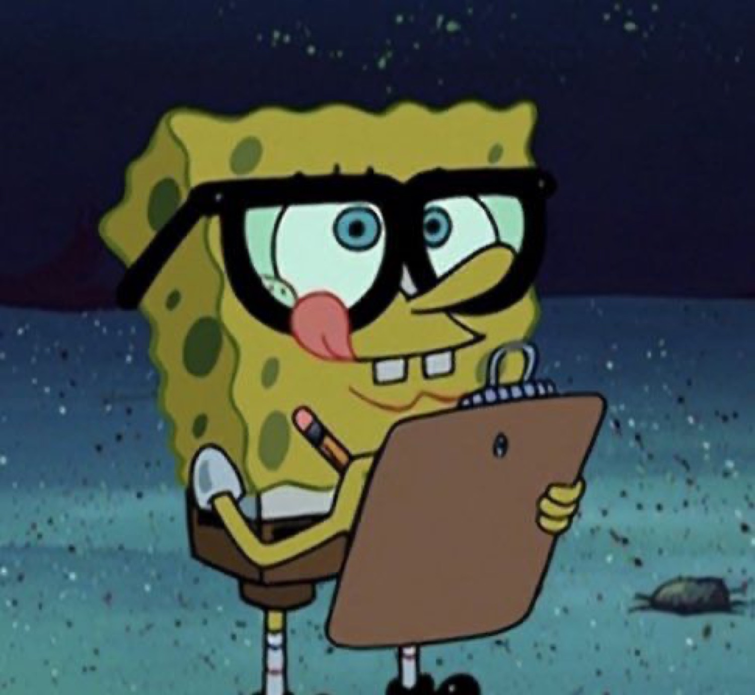 SpongeBob in nerd glasses with a clipboard and his tongue out