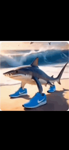 Shark wearing blue Nike sneakers standing on a beach, the Tralalero Tralala meme