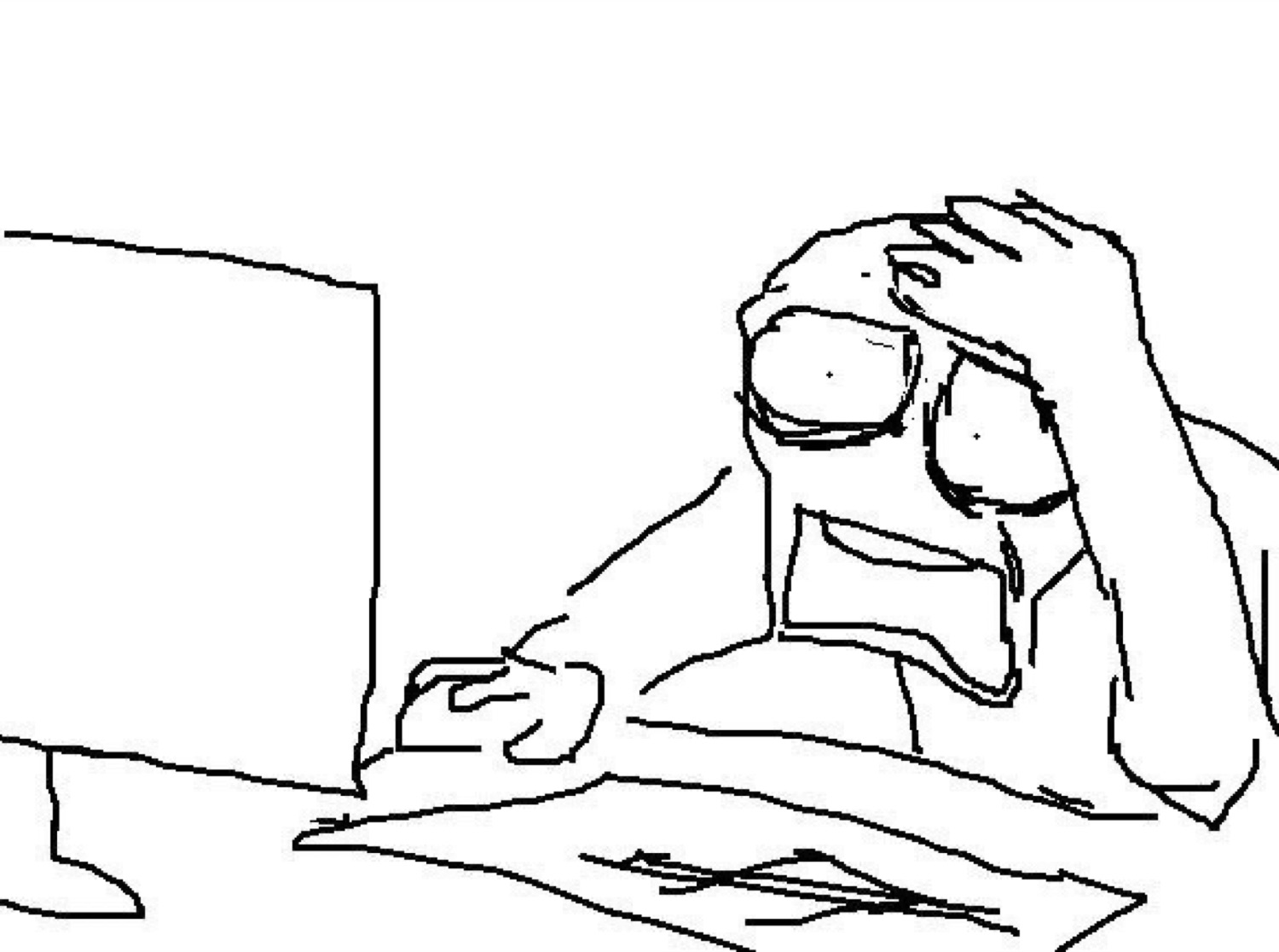 Stick figure slumped at a desk gripping their head in utter despair over a computer
