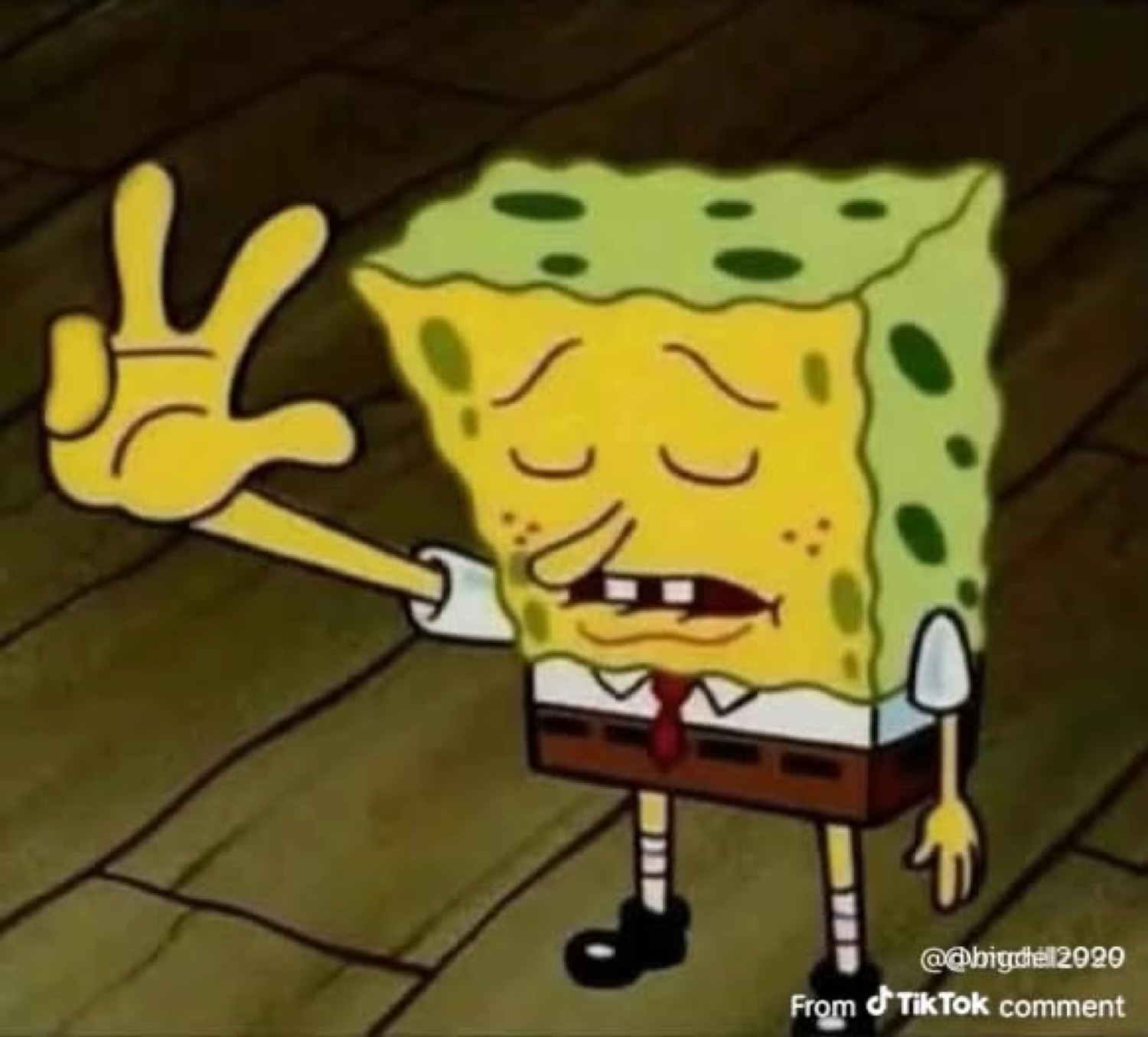 SpongeBob with his eyes closed, raising a hand to say stop