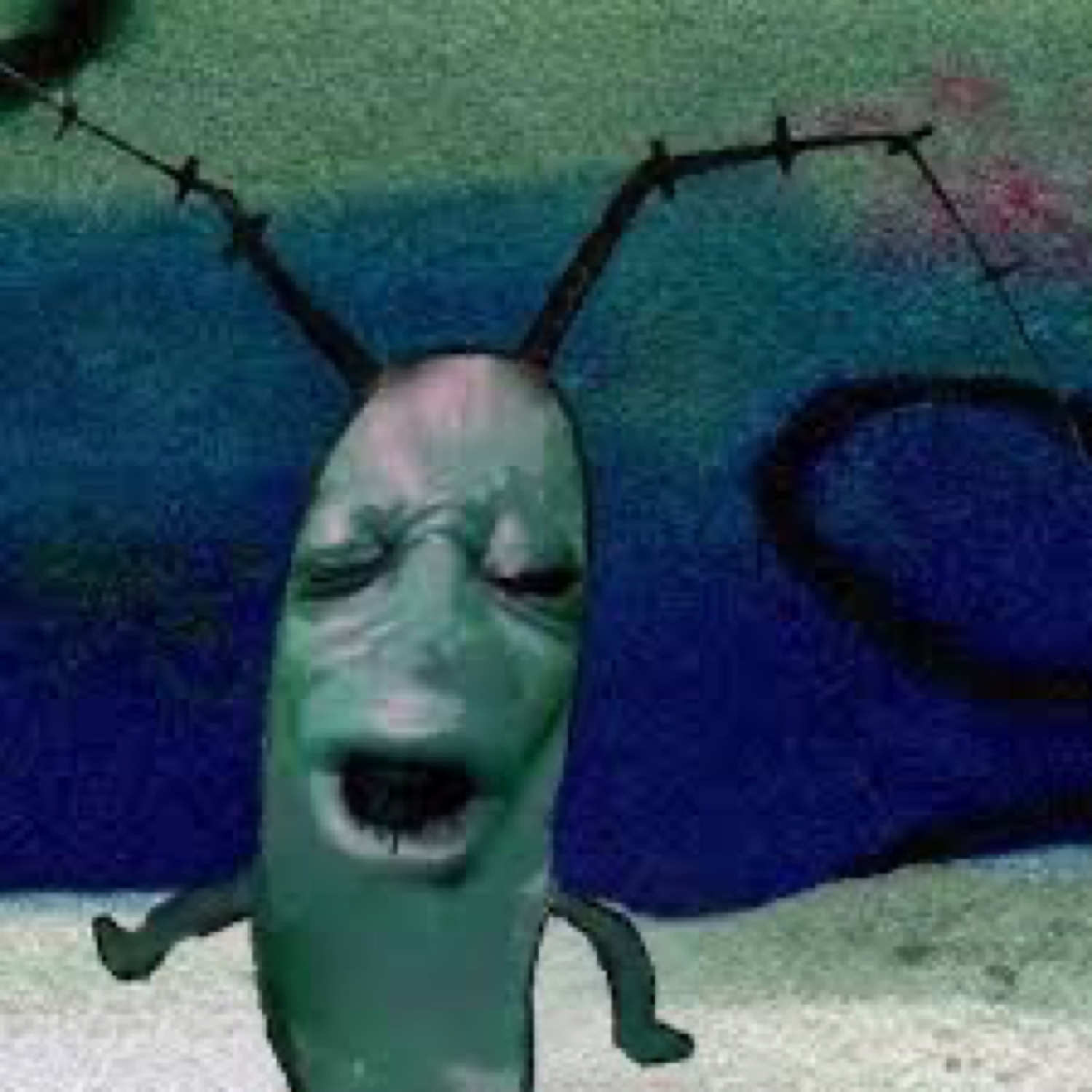 Realistic, distorted Plankton with eyes closed and mouth hanging open