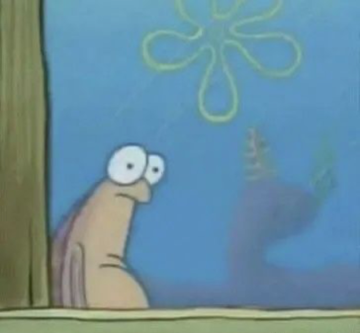 SpongeBob background fish character peeking around a curtain with a frozen blank stare
