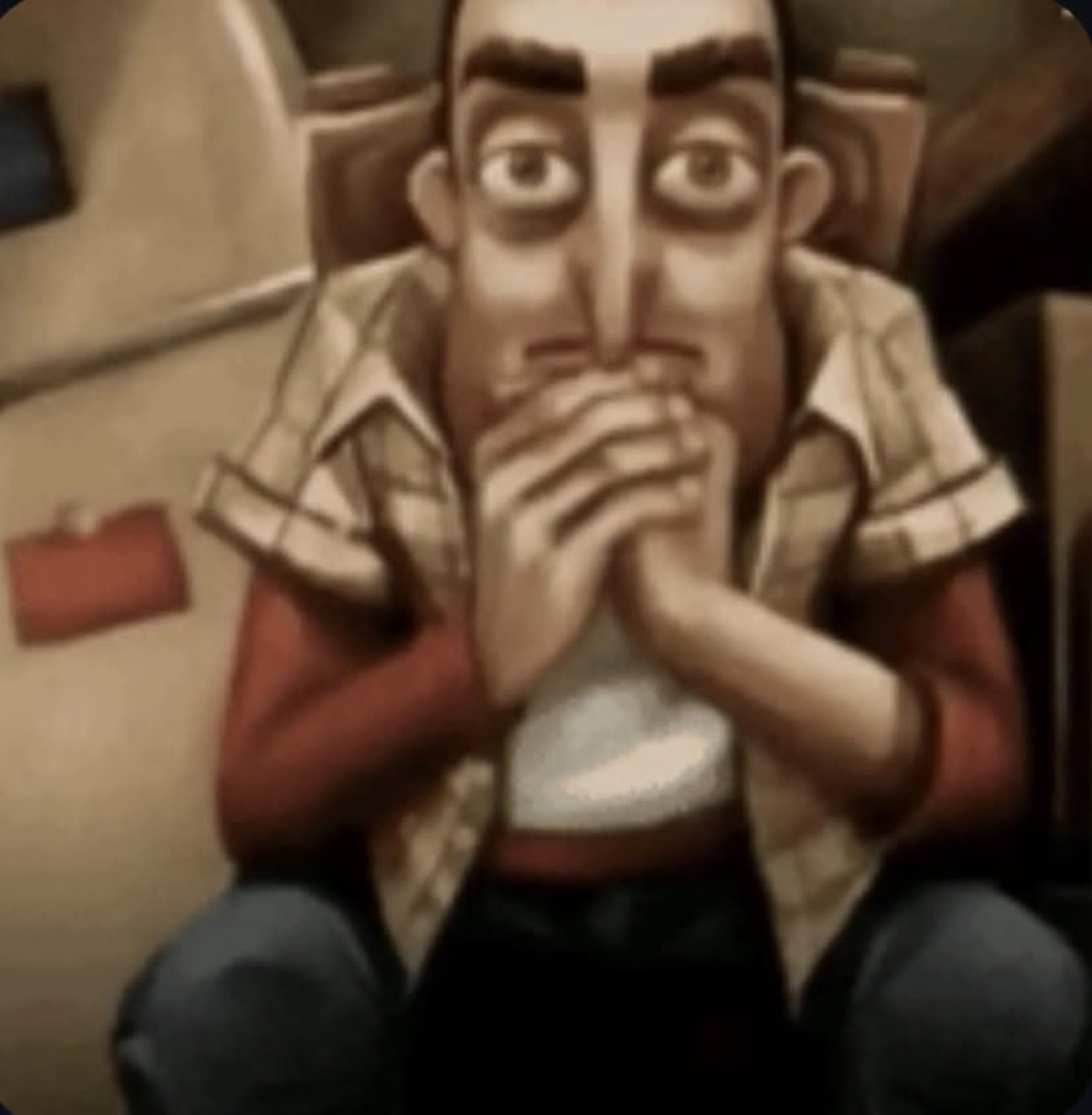 Animated man sitting with hands clasped to his mouth, wide-eyed and nervously terrified