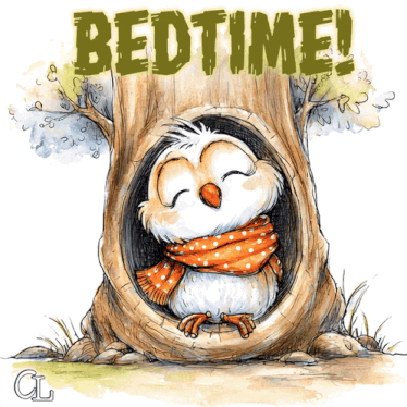 Cartoon owl sleeping in a tree trunk, "Bedtime!"
