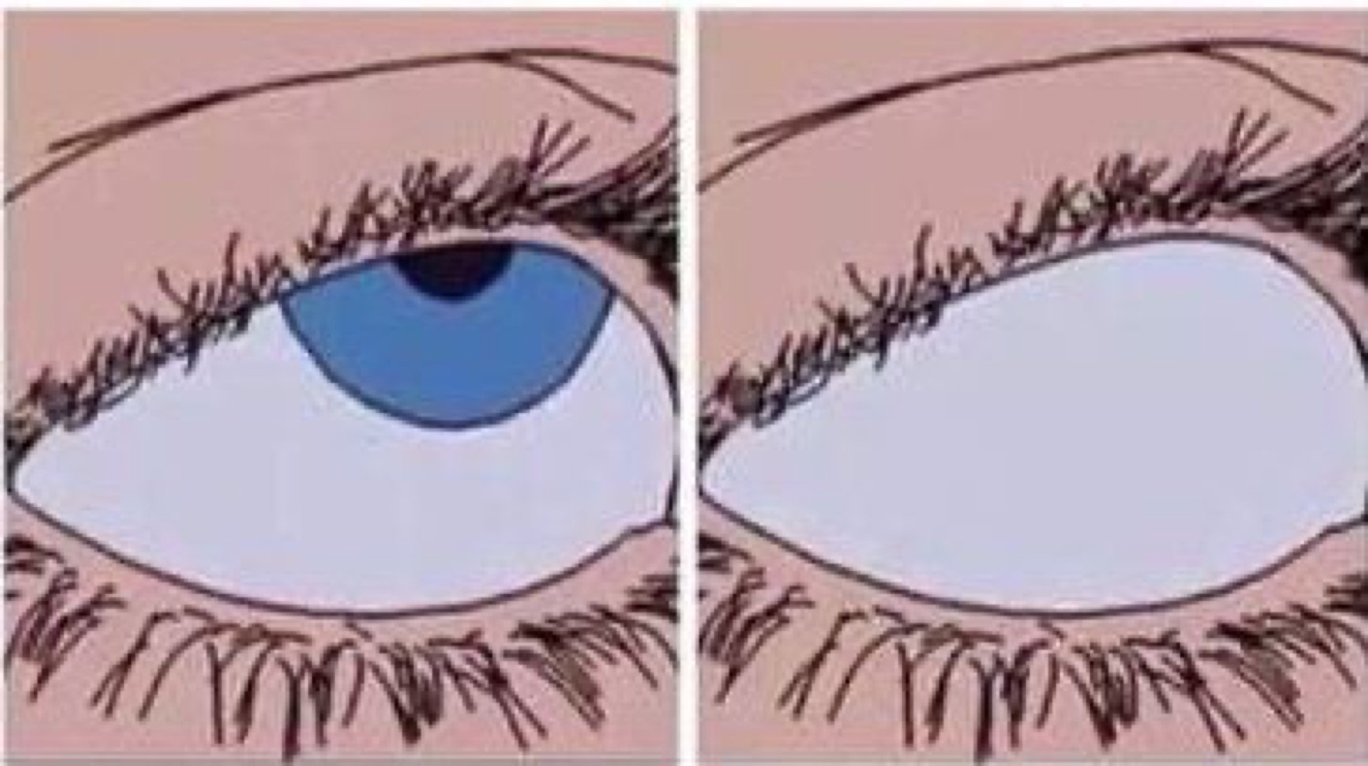 Two anime-style close-ups of an eye: one with a pupil, one completely blank white