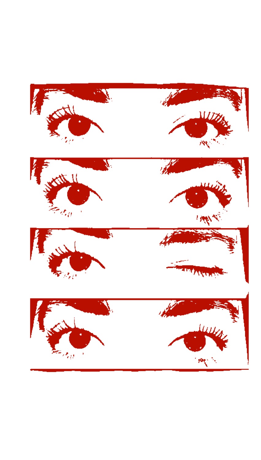 Stylized red graphic of a pair of eyes rolling upward across four repeated panels