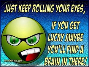 Angry green cartoon emoji with glasses dishing out maximum sarcasm about eye-rolling