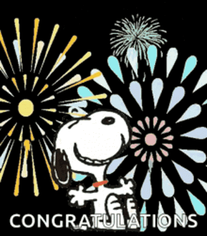 Snoopy dancing in front of fireworks, "Yaaay! Congratulations"