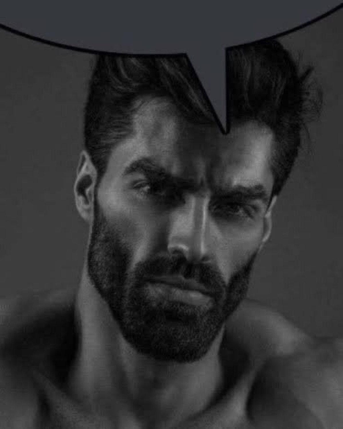 Gigachad glaring with an empty speech bubble above him