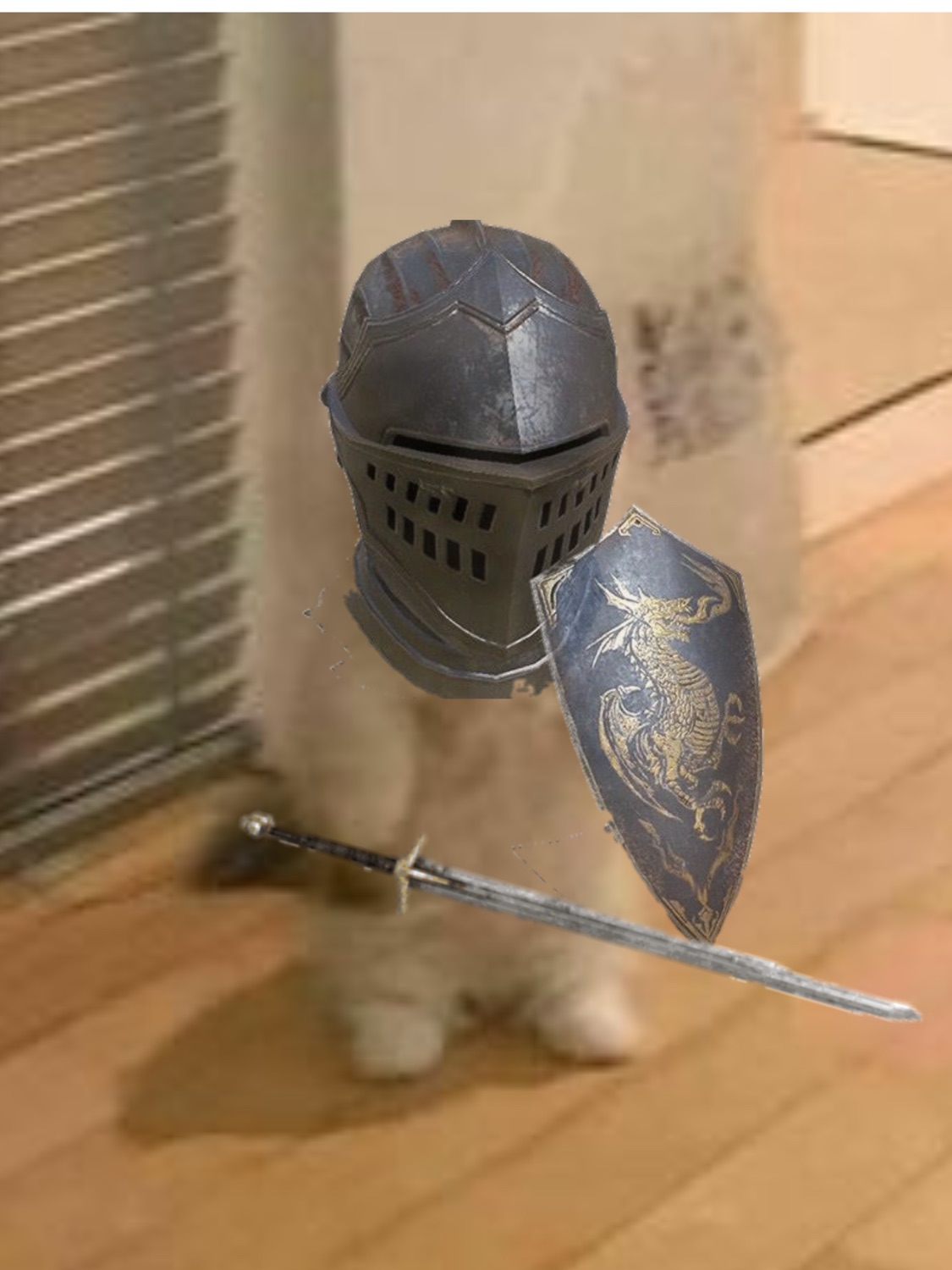 Fluffy cat standing upright in a knight's helmet holding a shield and sword