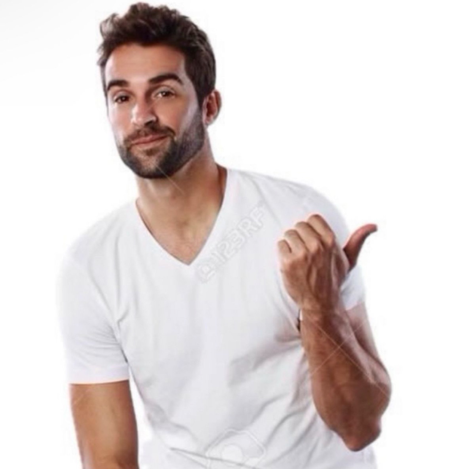 Man pointing a thumb sideways with a grossed-out face