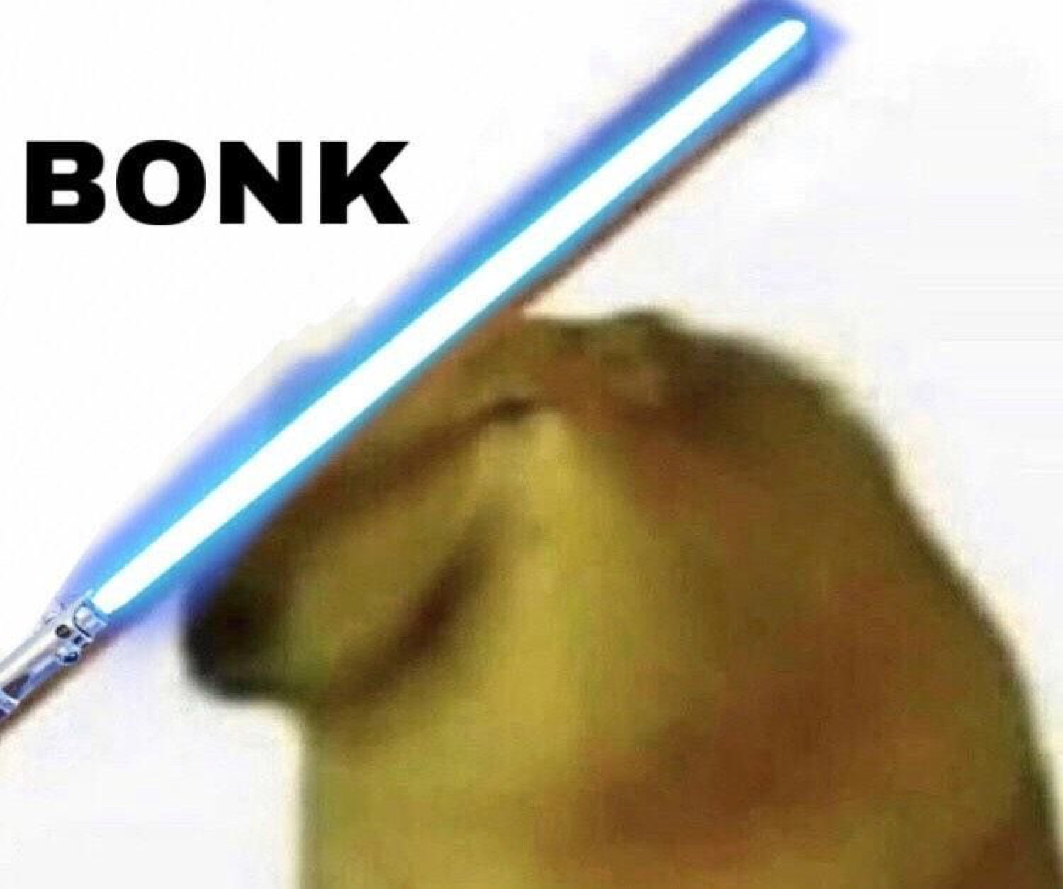 Cheems getting bonked with a blue lightsaber: 'BONK'