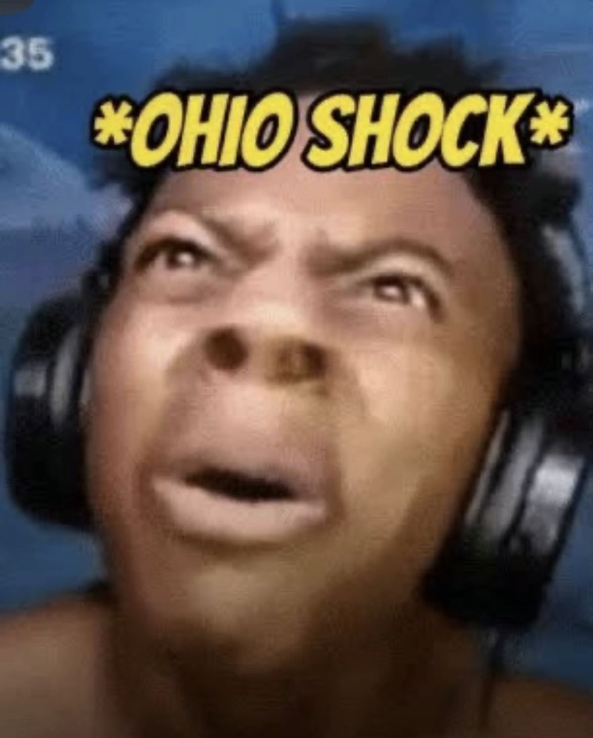 Gamer with headphones frozen in disbelief captioned '*OHIO SHOCK*'