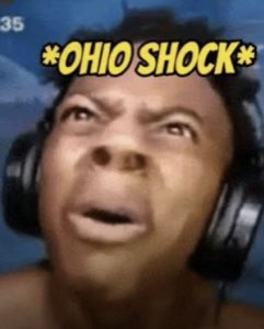 Gamer with headphones frozen in disbelief captioned '*OHIO SHOCK*'