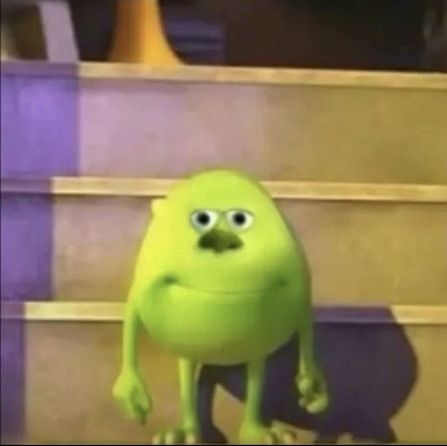 Mike Wazowski from Monsters Inc. tiptoeing down the stairs looking guilty