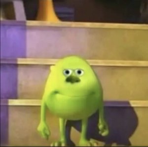 Mike Wazowski from Monsters Inc. tiptoeing down the stairs looking guilty