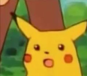 Surprised Pikachu with wide eyes and a small open mouth in shock