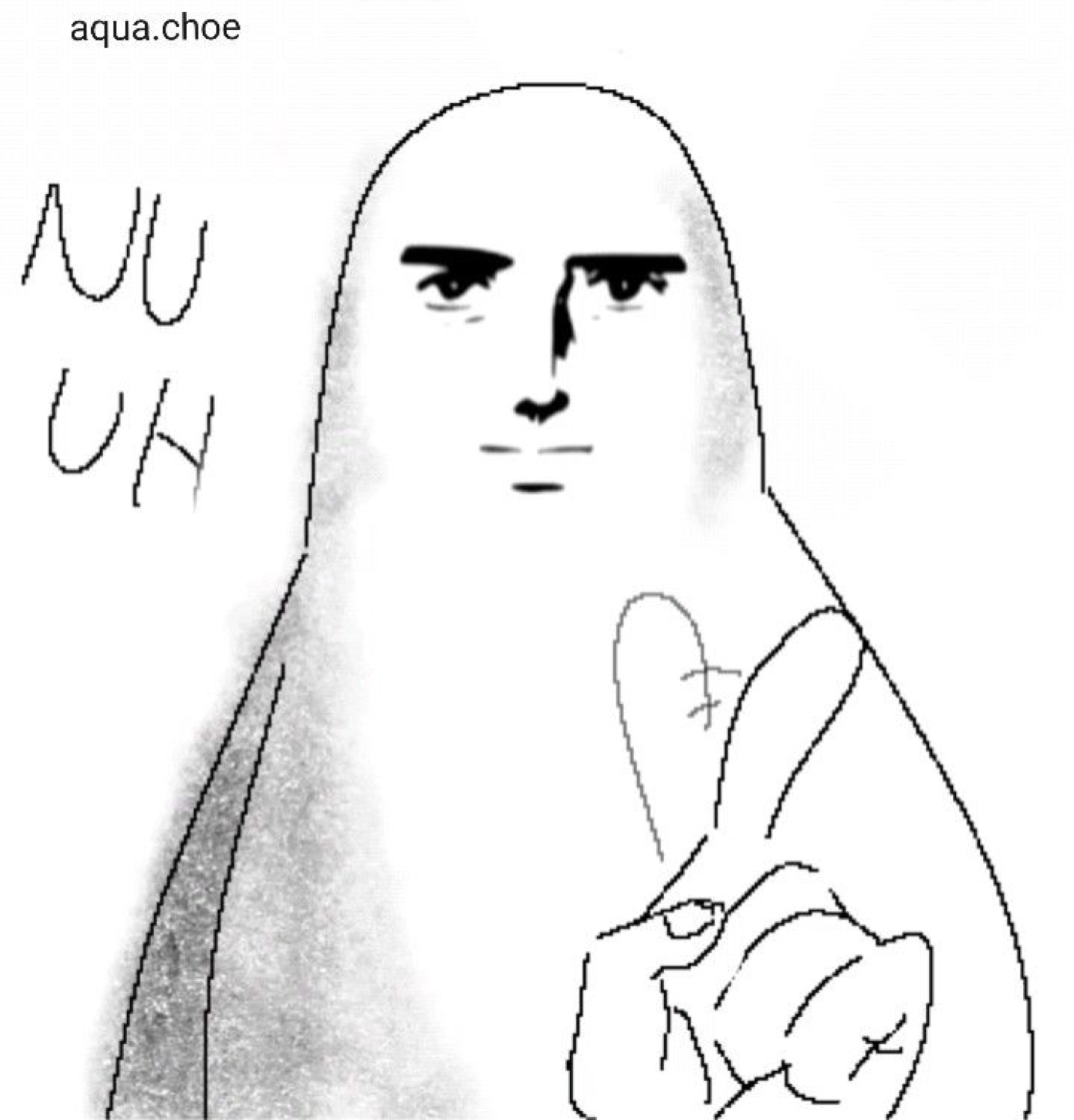 Long doodle figure wagging a finger: 'NU UH'