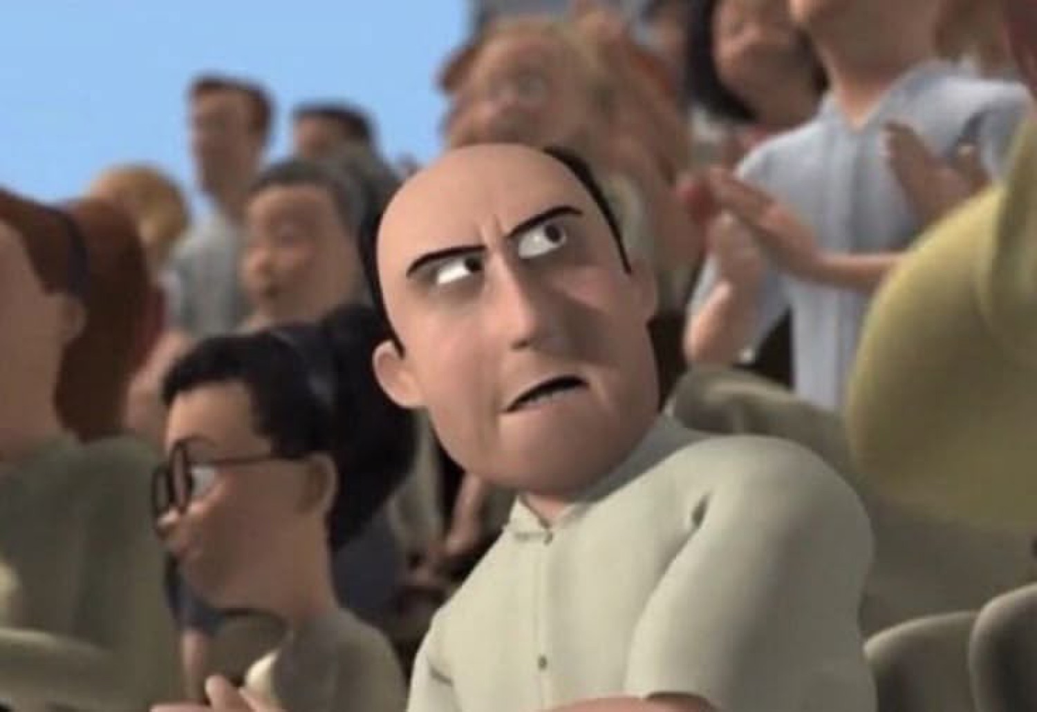 Animated bald man in a crowd squinting with a deeply confused, skeptical look