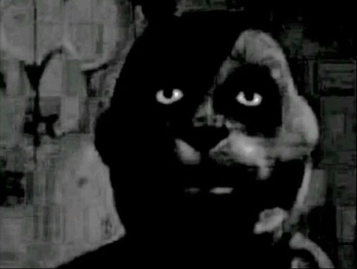 Dark grainy black-and-white face staring with glowing eyes into the camera
