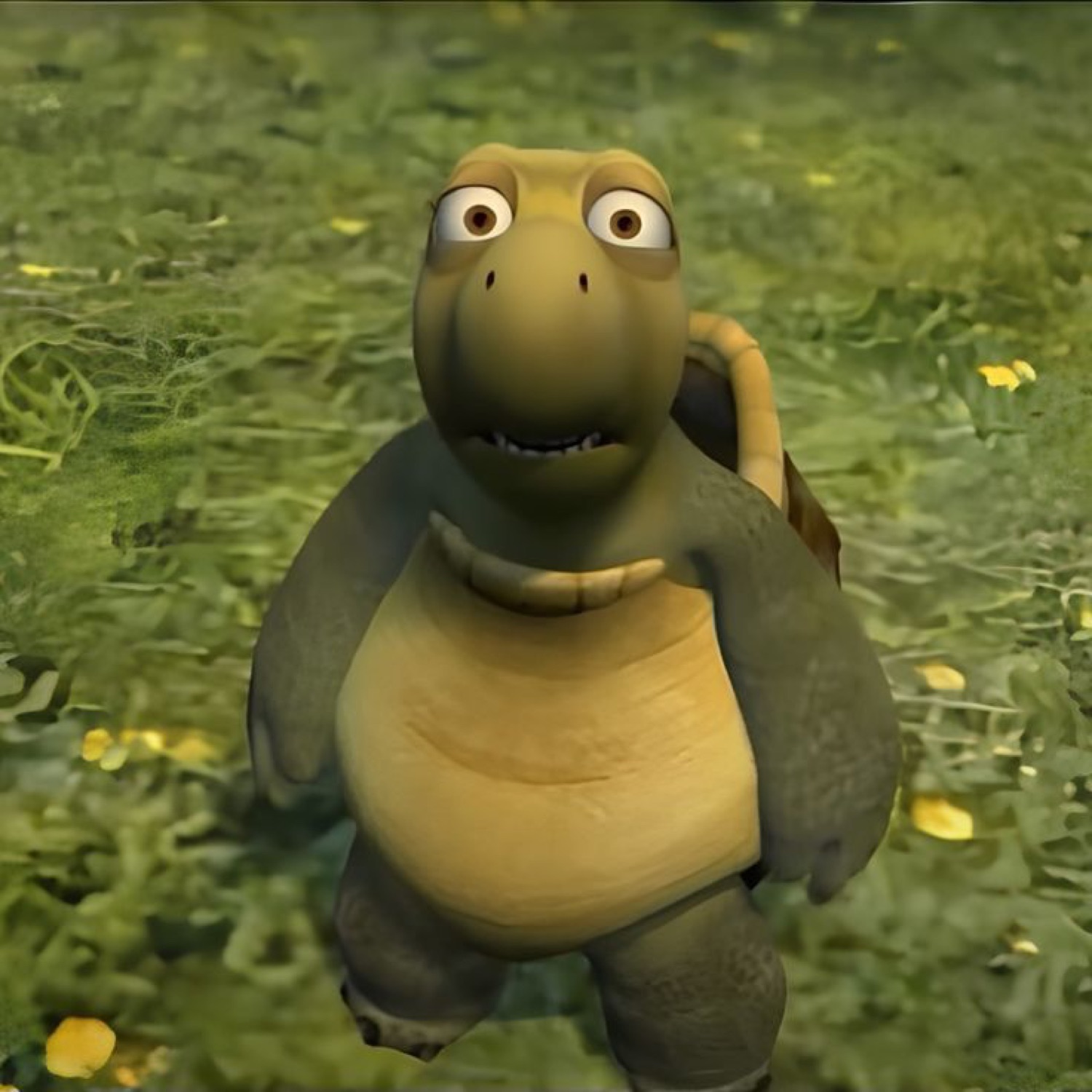 Animated tortoise standing in a field with wide, startled eyes and a slack jaw