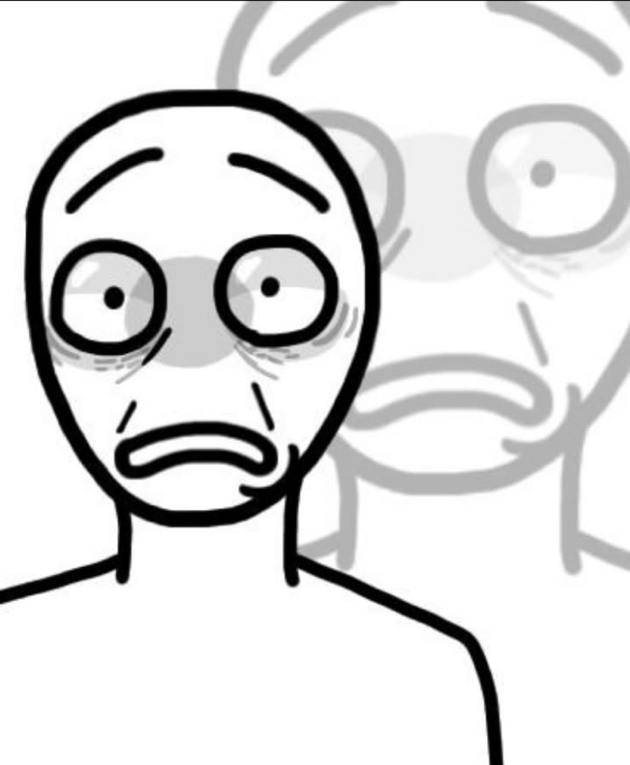 Stick figure with huge baggy eyes looking utterly wrecked, ghostly second face looming behind
