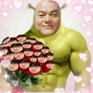 Buff Shrek body with a smirking face, offering roses topped with tiny cut-out faces