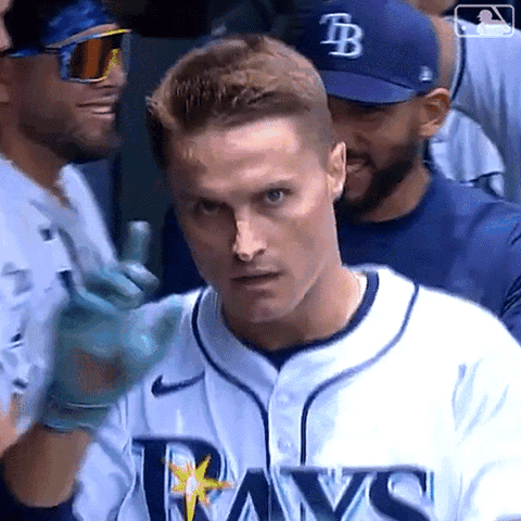 Tampa Bay Rays player in the dugout making goggles with his hands