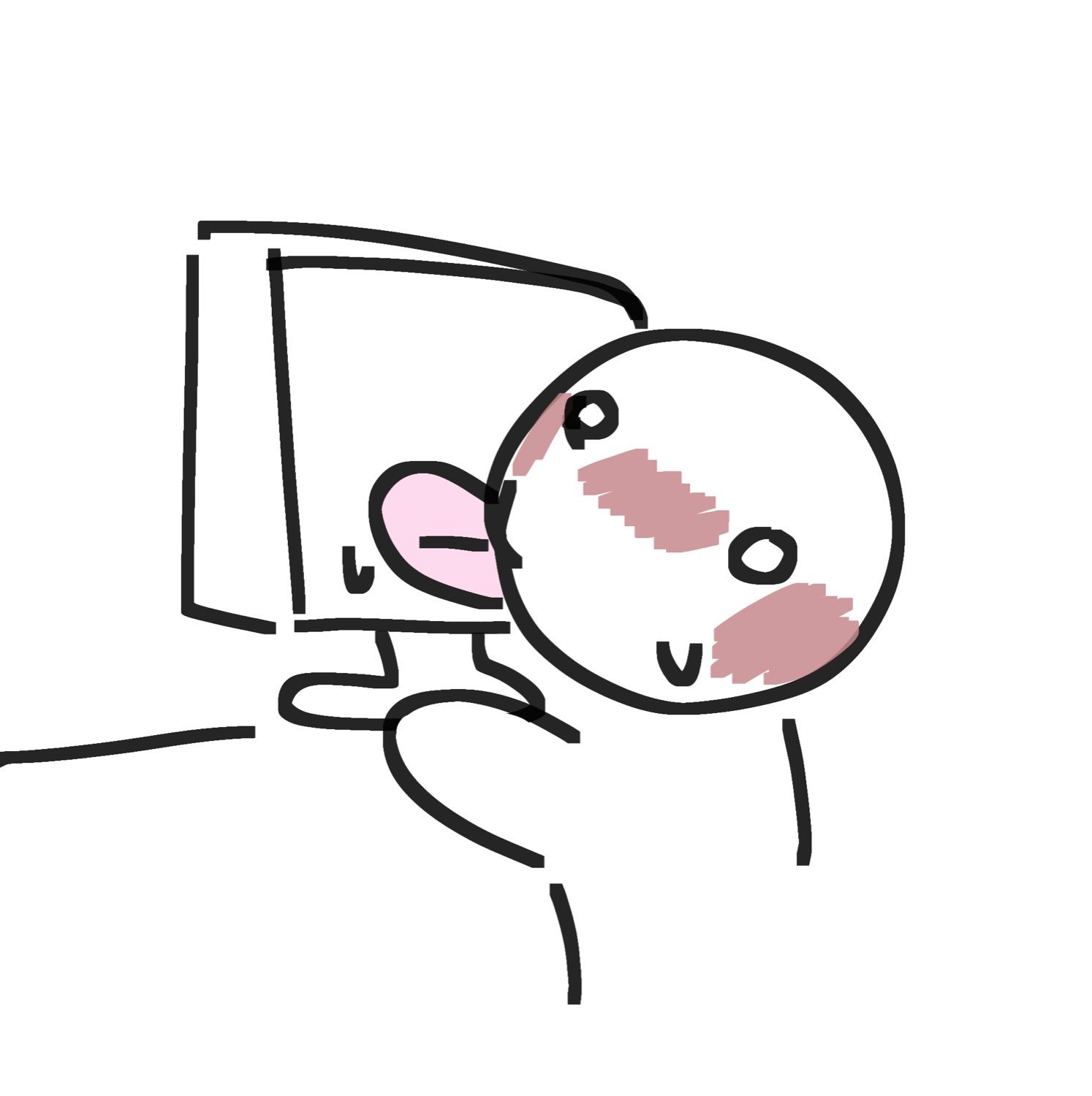 Chibi-style cartoon character pressing its face eagerly against a computer screen