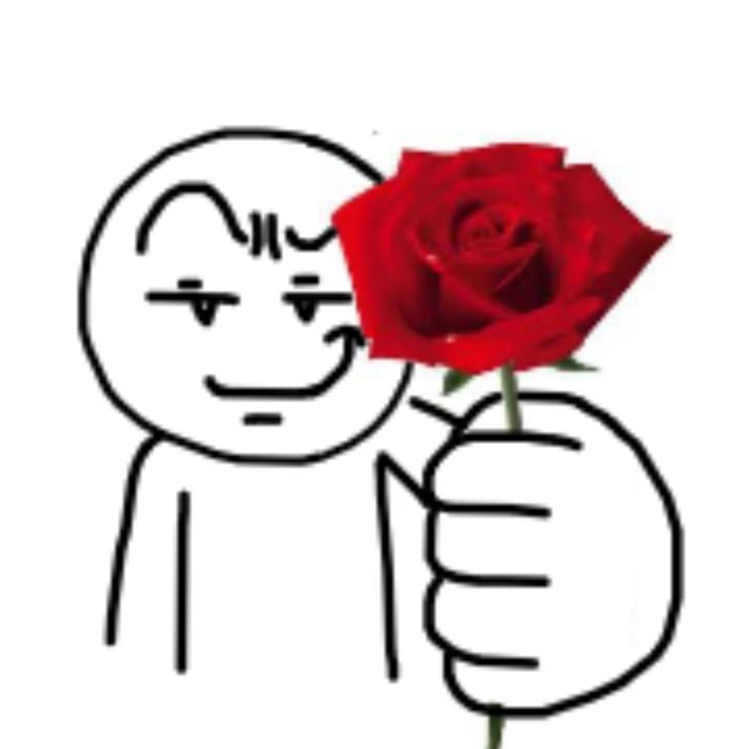 Stick figure meme character smugly offering a red rose with half-lidded eyes