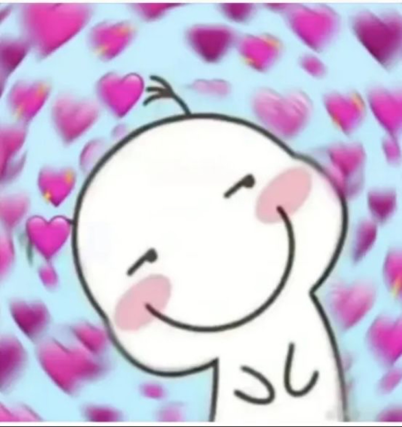Cute chibi cartoon character blushing and smiling with eyes closed on a heart background