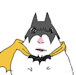 MS Paint blob wearing a Batman cowl and yellow cape, blushing and smug