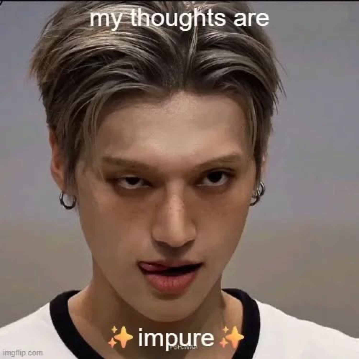 K-pop style young man with heavy-lidded eyes captioned 'my thoughts are impure'