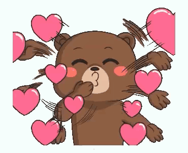 Cartoon bear blowing kisses surrounded by hearts