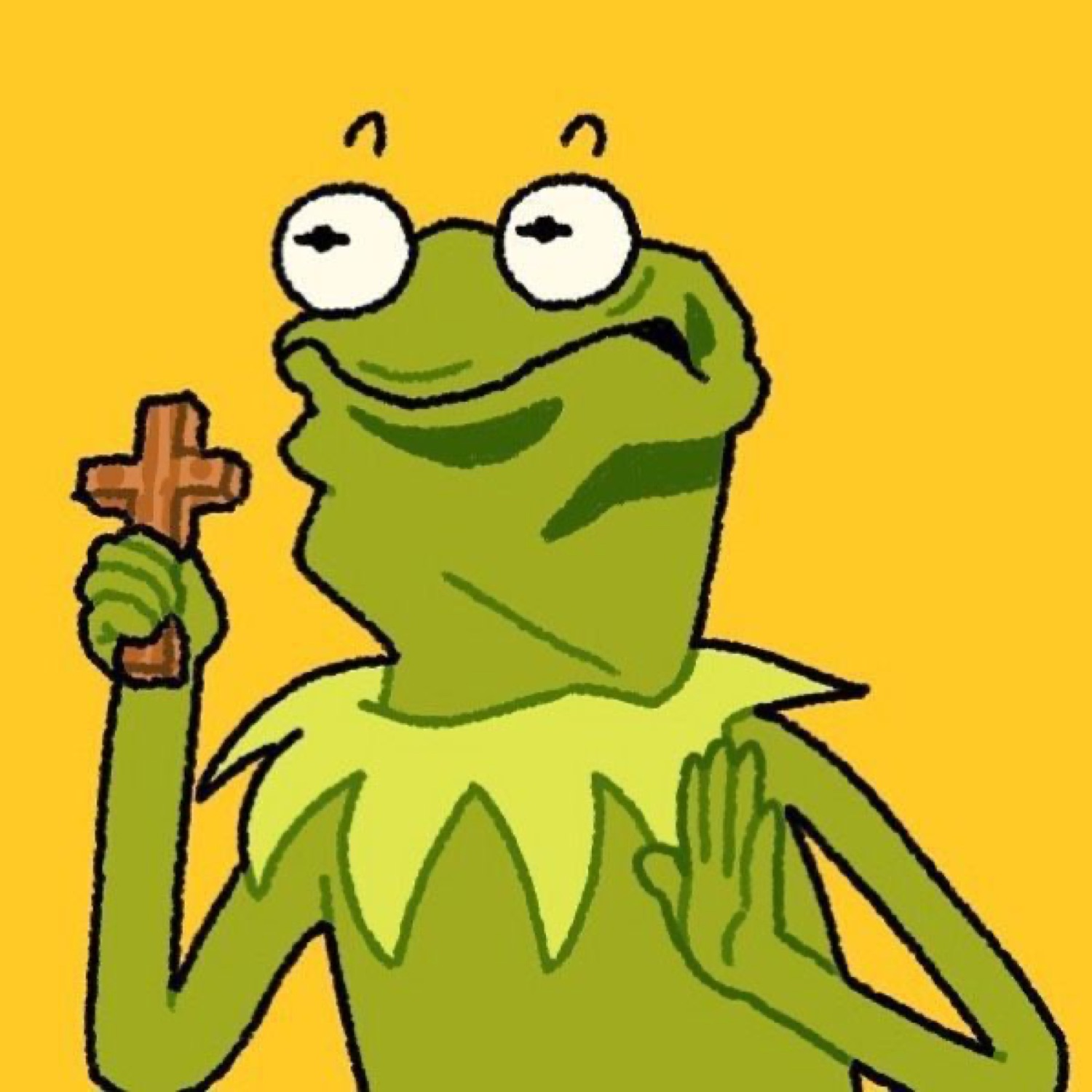 Kermit the Frog holding up a wooden cross with a smug side-eye grin